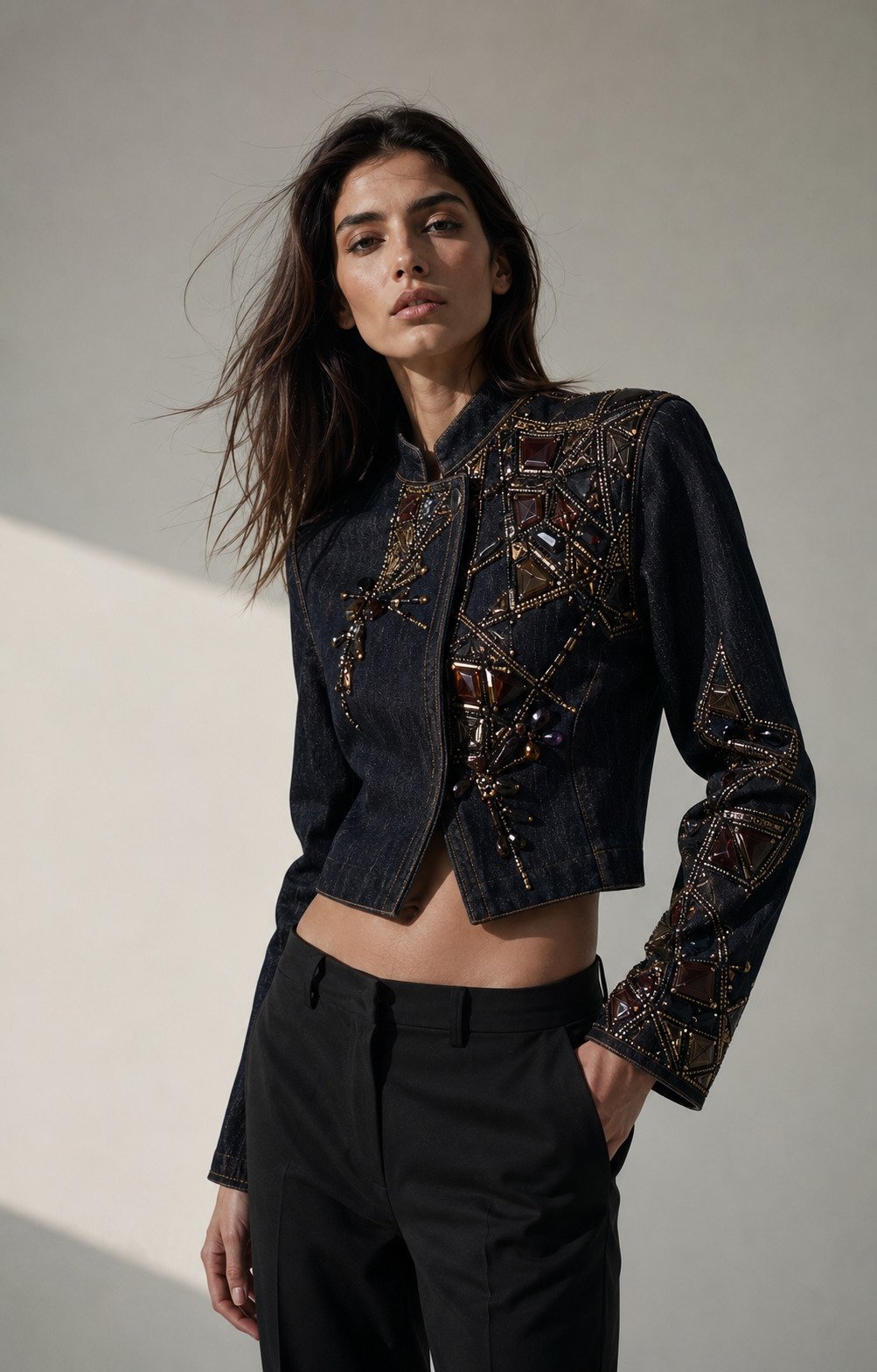 Jaqueta denim bordada em ouro e bronze