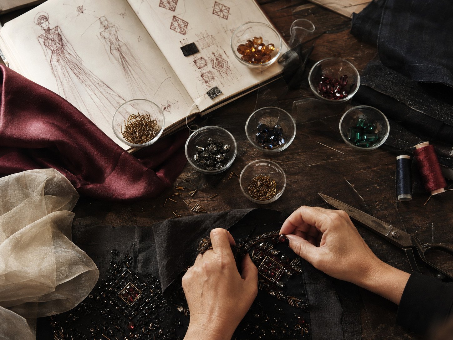 Mesa de criação com croquis, tecidos, pedras e mãos bordando